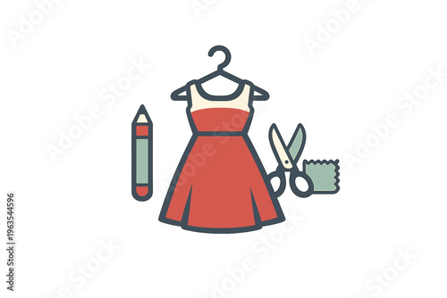 Crafting a red dress with sewing tools on display in a creative workspace during the daytime