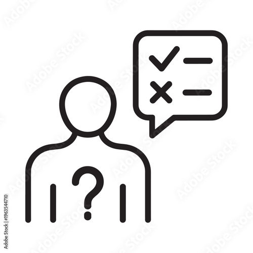 Simple line drawing of a person with a speech bubble showing check and cross marks