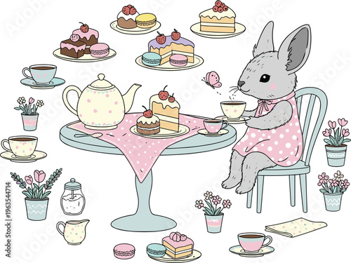 Cute Bunny Tea Party Vector Illustration with Cakes, Tea Cups, Teapot, Flowers, and Macarons for Children, Celebration, Holiday, and Cartoon Designs