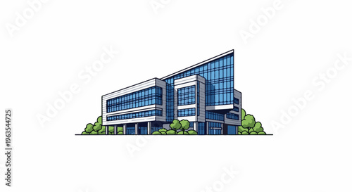 Modern multi-story glass building with angular roof design, surrounded by greenery