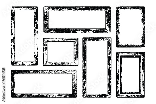 Grunge border frames collection, black ink distressed rectangular frames isolated on white background