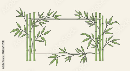 Rectangular Frame with Green Bamboo Shoots and Leaves, Nature Inspired Border, in Bright Studio