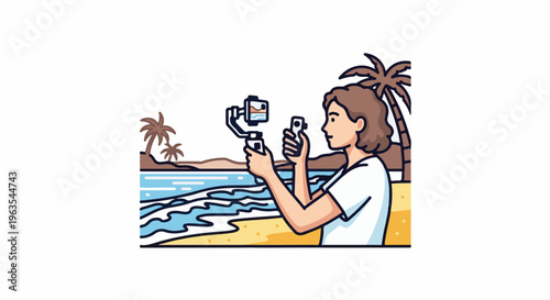 Person films a beach scene with palm trees and ocean waves using a camera