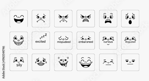 Collection of Various Emoticons and Facial Expressions in Square Icons, Emotion Concept, Isolated White Background