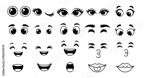 Set of Cartoon Eyes and Mouths for Diverse Facial Expressions, Character Design Elements, Isolated White Background