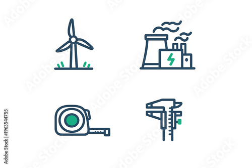 Wind turbine and power plant icons with measurement tools showing energy and construction themes