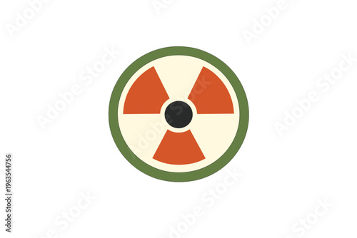Symbol of nuclear energy with a green circle and red sections in the design showing the radioactive sign on a white background