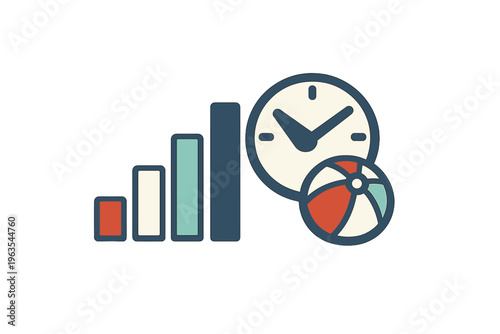 Growth chart with clock and beach ball show time management and planning for leisure activities during summer