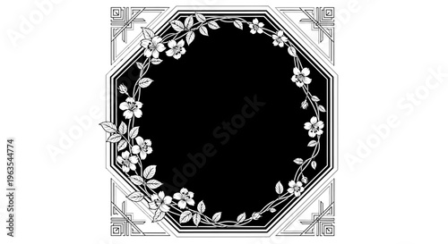 Ornate Black Octagonal Frame with White Floral and Geometric Border, Elegant Vector Design, Isolated White Background
