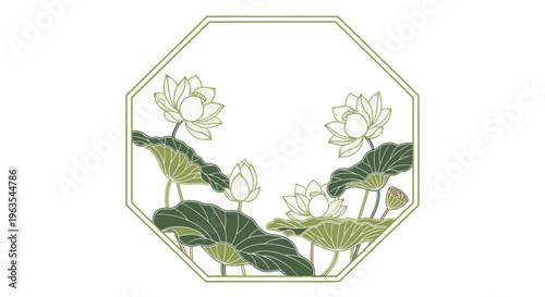 Elegant Octagonal Frame with Green Lotus Flowers and Leaves, Traditional Botanical Art, in Bright Studio