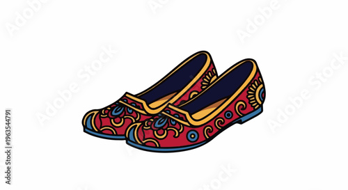 Ornate red and blue flat shoes with golden trim and intricate floral designs