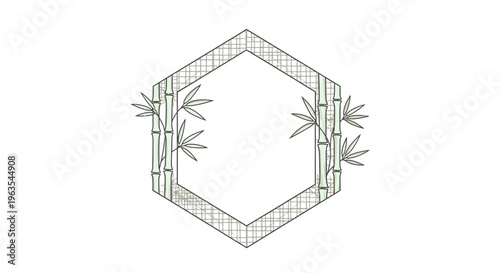 Hexagonal Frame with Geometric Grid Pattern and Green Bamboo Accents, Nature Tech Design, Isolated White Background