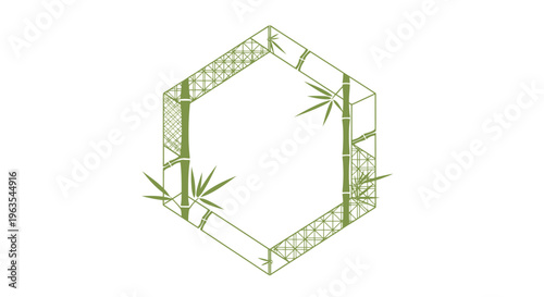 Green Bamboo Hexagonal Frame with Geometric Grid Pattern, Nature Inspired Vector, Isolated White Background