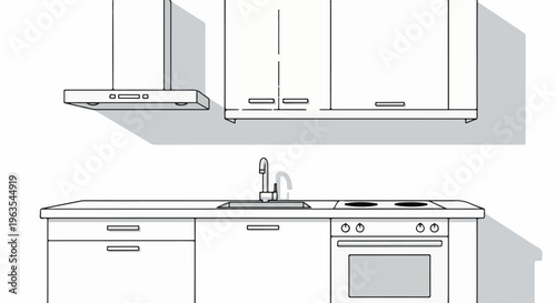 Modern kitchen interior with sink, cabinets, range, and ventilation