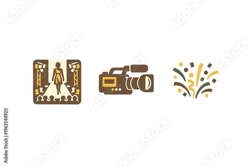 Fashion show takes place on stage with cameras recording and confetti falling at an event in the city