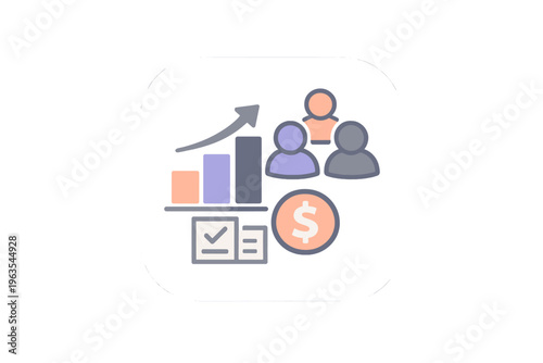 Growth in business metrics with bar graph, people, and dollar sign representing profits and goals in finance
