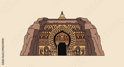 Ornate rock-cut entrance with religious figures and a central stupa