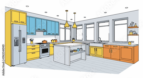 Modern kitchen with colorful cabinets, island, and appliances