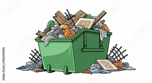 Overflowing green dumpster filled with debris, wood, and debris