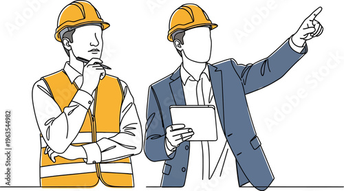 Two male engineers in hard hats discussing construction plans with a digital tablet.
