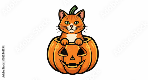 Orange tabby cat peeking out from a carved Halloween pumpkin