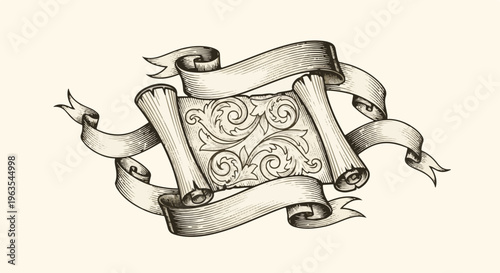 Ornate scroll with flowing ribbons in vintage engraved style