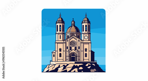 Ornate stone cathedral with twin towers and dome on rocky outcrop under sky