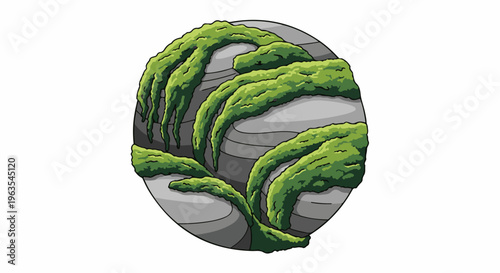 Organic forms of green moss draped over stacked grey stones in a circle