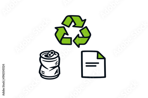 Recycling symbols and items showing the importance of waste management and environmental care in daily activities