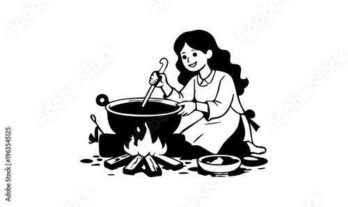 Traditional Cooking on Fire Village Woman Preparing Food Illustration