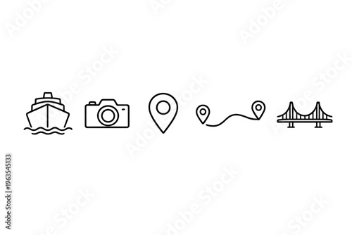 Icons representing travel activities including a boat, camera, location pin, route, and bridge during a trip