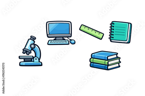 Tools used in science and study in a classroom setting in a simple illustrated style