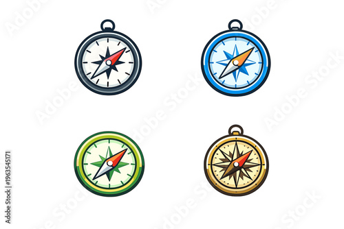 Different designs of compasses shown in various colors arranged in a grid layout for easy comparison and analysis of styles