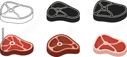 Fresh beef steak icons set showing raw meat cuts in outline silhouette and realistic flat cartoon styles