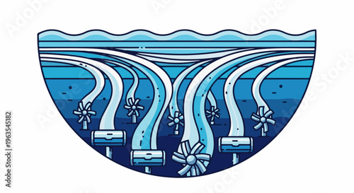 Multiple water channels converge, powering turbines in a stylized dam structure