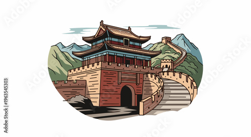 Ornate ancient Chinese gate tower with segmented wall on hilly terrain