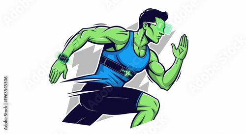 Muscular green athlete in futuristic gear sprints forward