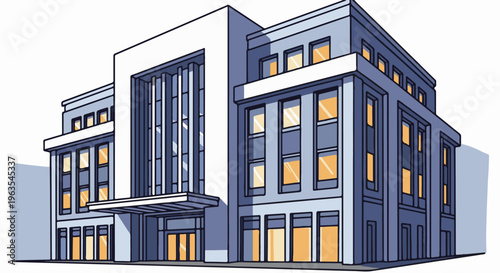 Modern building facade with illuminated windows and geometric design