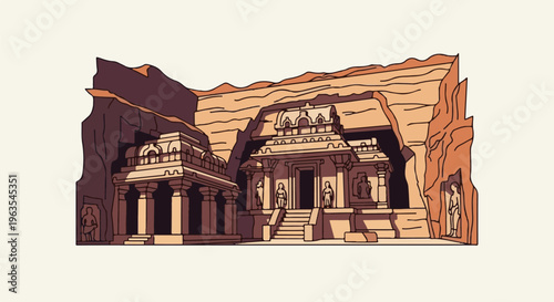 Ornate ancient temple carved into a rocky cliff face with statues