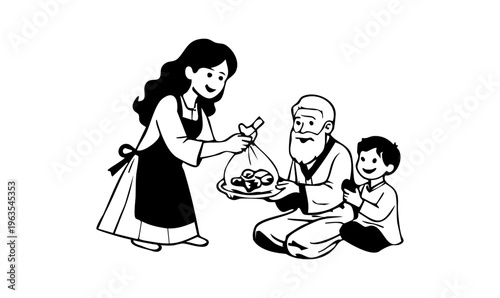 Muslim Family Sharing Food Kindness and Caring Islamic Illustration