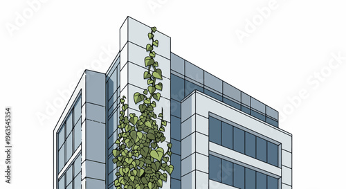 Modern building facade with lush green vines climbing its structure