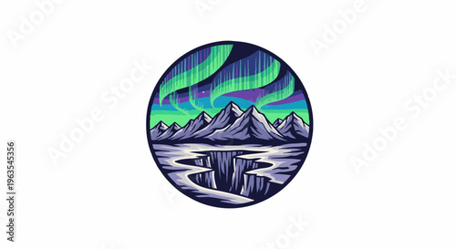Oval landscape with aurora borealis over snow-capped mountains and cracked ice