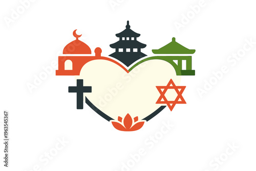 Different places of worship come together in a heart shape to show love and unity among religions