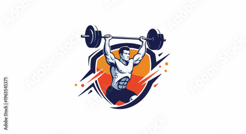 Muscular man lifting barbell overhead in a shield design