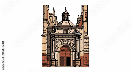 Ornate arched entrance to a classical stone church with dome and towers