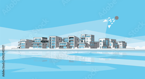 Modern apartment buildings with blue windows reflect on calm water