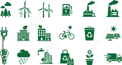 A collection of vector icons symbolizing environment friendly resources, green energy, recycling, and sustainable living in a simple, visual presentation.