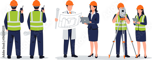 Construction and Surveying Team Working Together on Project Site Vector Illustration