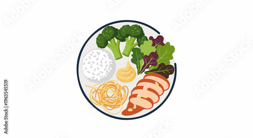 Overhead view of a round plate with rice, noodles, broccoli, salad, and chicken