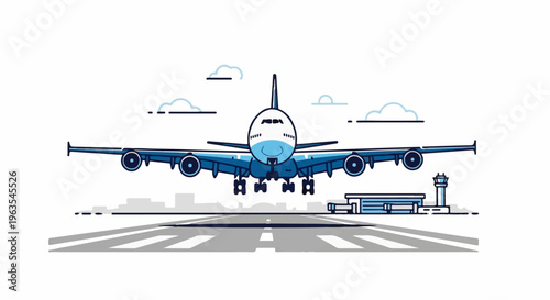 Modern airplane landing on runway with control tower and buildings